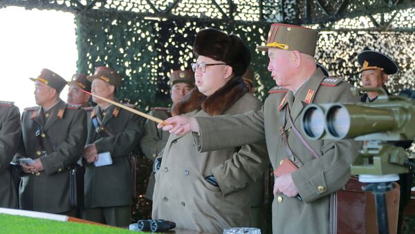 North Korean leader Kim Jong Un watches landing and anti-landing exercises being carried out by the Korean People's Army (KPA) at an unknown location, in this undated photo released by North Korea's Korean Central News Agency (KCNA) in Pyongyang on March 20, 2016 - Sputnik International