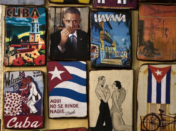 Magnets for sale decorate a tourist shop, one showing an image of U.S. President Barack Obama smelling a cigar, at a market in Havana, Cuba, Monday, March 16, 2015 Magnets for sale decorate a tourist shop, one showing an image of U.S. President Barack Obama smelling a cigar, at a market in Havana, Cuba, Monday, March 16, 2015 - Sputnik International