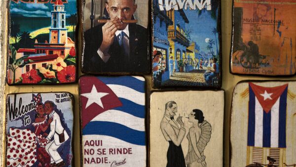 Magnets for sale decorate a tourist shop, one showing an image of U.S. President Barack Obama smelling a cigar, at a market in Havana, Cuba, Monday, March 16, 2015 - Sputnik International