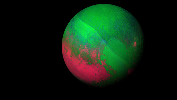 Image of Pluto decked out in red and green using a pair of Ralph/LEISA instrument scans. - Sputnik International