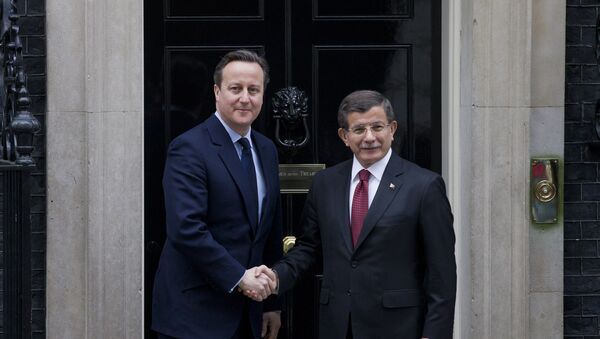 British Prime Minister David Cameron (L) shakes hands with Turkish Prime Minister Ahmet Davutoglu on the steps of No 10 Downing Street in central London on Janurary 18, 2016. - Sputnik International
