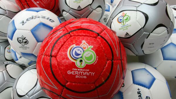 Soccer balls bearing the 2006 World Cup logo are seen in the sponsors area of the Exhibition Halls in Leipzig, Germany Thursday Dec. 8, 2005 - Sputnik International