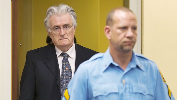 This file photo taken on July 11, 2013 shows Bosnian Serb wartime leader Radovan Karadzic appearing in the courtroom for his appeal judgement at the International Criminal Tribunal for Former Yugoslavia (ICTY) in The Hague, The Netherlands - Sputnik International