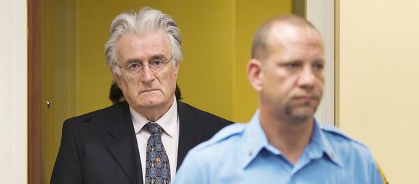 This file photo taken on July 11, 2013 shows Bosnian Serb wartime leader Radovan Karadzic appearing in the courtroom for his appeal judgement at the International Criminal Tribunal for Former Yugoslavia (ICTY) in The Hague, The Netherlands - Sputnik International