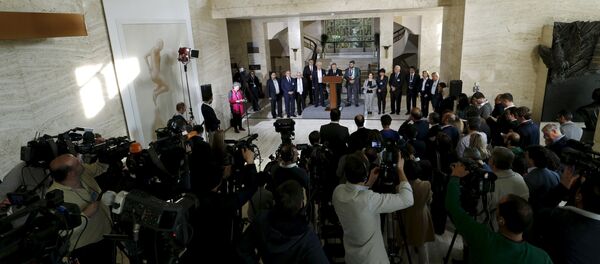 saad Al-Zoubi attends a news conference next to Mohamed Alloush of the Jaysh al Islam and George Sabra members of the High Negotiations Committee (HNC) after a meeeting with U.N. mediator Staffan de Mistura during Syria peace talks at the United Nations in Geneva, Switzerland, March 22, 2016 saad Al-Zoubi attends a news conference next to Mohamed Alloush of the Jaysh al Islam and George Sabra members of the High Negotiations Committee (HNC) after a meeeting with U.N. mediator Staffan de Mistura during Syria peace talks at the United Nations in Geneva, Switzerland, March 22, 2016 - Sputnik International