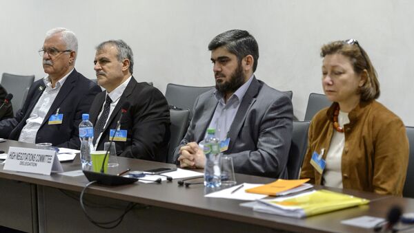 (From L) George Sabra and Asaad Al-Zoubi, of the delegation of the High Negotiations Committee (HNC), Mohamed Alloush of the Jaysh al Islam and Bassma Kodmani of the delegation of the HNC take part in a round of negotiations between representatives of the Internal Damascus Platform and United Nations on March 23, 2016 - Sputnik International