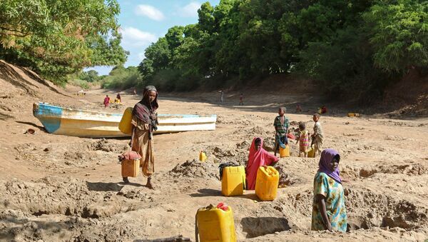 People collect water from shallow wells dug along the Shabelle River bed, which is dry due to drought in Somalia's Shabelle region, March 19, 2016 - Sputnik International