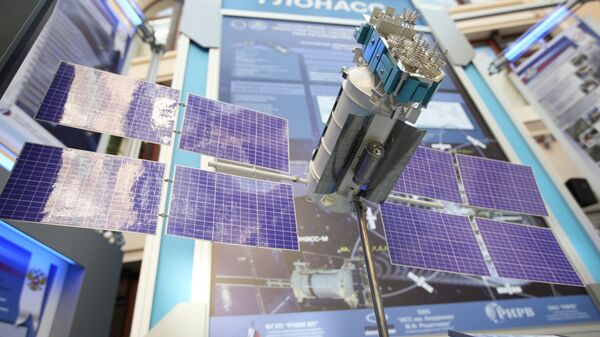 A GLONASS [Global Navigation Satellite System] satellite mock-up on display at the exhibition Space -- Elections -- Telecommunications - Sputnik International