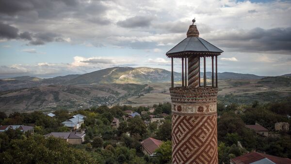 The minaret of a mosque damaged during the war in the town of Shusha in the self-proclaimed Nagorno-Karabakh Republic - Sputnik International