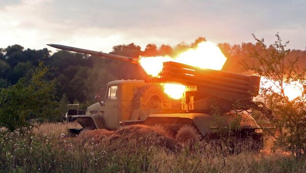 A BM-21 Grad multiple rocket launcher system fires during gun practice of the Baltic Fleet Coast Artillery Corps at the Pavenkovo range, Kaliningrad Region. - Sputnik International