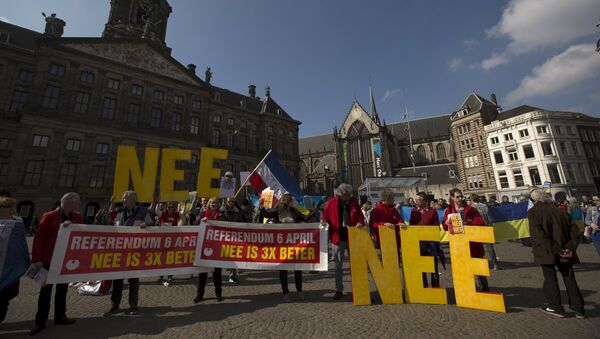 Demonstrators call for people to vote no in the EU referendum during a protest at Dam Square in Amsterdam, the Netherlands April 3, 2016. - Sputnik International