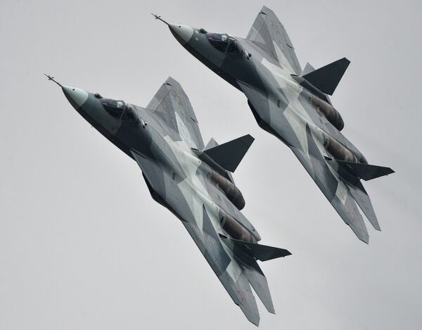 T-50 strike aircraft at the MAKS-2013 Aviation and Space Salon in Zhukovsky T-50 strike aircraft at the MAKS-2013 Aviation and Space Salon in Zhukovsky - Sputnik International