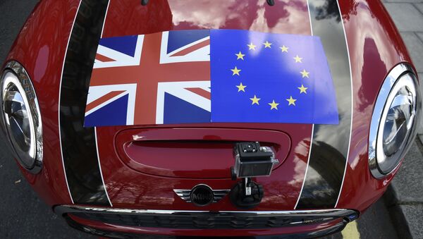 A Mini car is seen with a Union flag and European Union flag design on its bonnet in London, Britain March 31, 2016 - Sputnik International