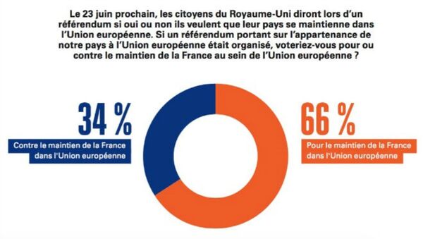 Text: On June 23, the citizens of the UK will be asked in a referendum whether or not they want their country to remain in the EU. If a referendum on membership was held in our country, would you vote for or against France remaining in the EU? Blue: Against France remaining in the EU; Orange: For France remaining in the EU Text: On June 23, the citizens of the UK will be asked in a referendum whether or not they want their country to remain in the EU. If a referendum on membership was held in our country, would you vote for or against France remaining in the EU? Blue: Against France remaining in the EU; Orange: For France remaining in the EU - Sputnik International