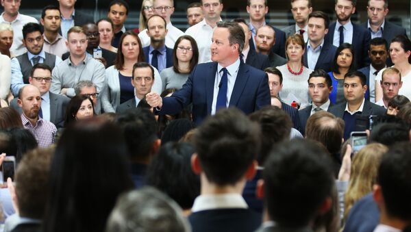 Britain's Prime Minister David Cameron speaks during a question and answer session on the forthcoming European Union referendum with staff of PricewaterhouseCoopers in Birmingham, central England, on April 5, 2016 - Sputnik International
