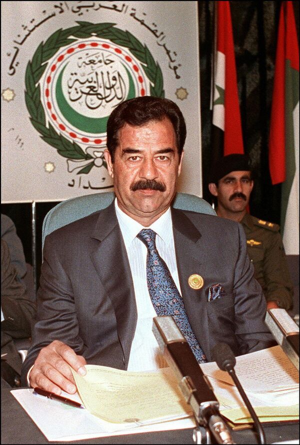 Former Iraqi President Saddam Hussein shown in file picture dated 28 May 1990 in Baghdad, addresses the opening session of the Extraordinary Arab Summit called to adopt a unified Arab stance against Soviet Jewish immigration to Israel. Former Iraqi President Saddam Hussein shown in file picture dated 28 May 1990 in Baghdad, addresses the opening session of the Extraordinary Arab Summit called to adopt a unified Arab stance against Soviet Jewish immigration to Israel. - Sputnik International