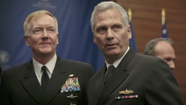Vice Admiral James D. Syring, right, Director of the US Missile Defense Agency, and Commander of the 6th Fleet Vice Admiral James G. Foggo, left, stand at the end of a ceremony in Bucharest, Romania, Friday, Dec. 18, 2015. - Sputnik International
