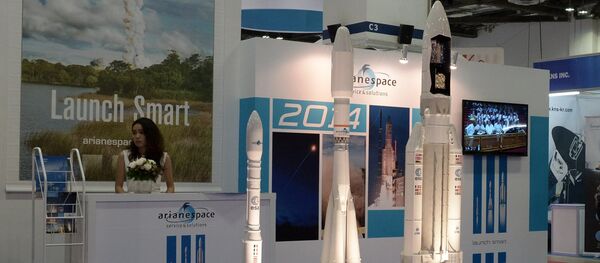This photograph taken on June 16, 2014 shows the display booth of Arianespace, the European satellite launch company at the CommunicAsia and BroadcastAsia exhibition in Singapore This photograph taken on June 16, 2014 shows the display booth of Arianespace, the European satellite launch company at the CommunicAsia and BroadcastAsia exhibition in Singapore - Sputnik International