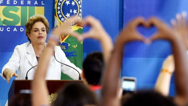 Brazilian President Dilma Rousseff gestures during the Education in Defense of Democracy event, at the Planalto Palace in Brasilia, on April 12, 2016 - Sputnik International