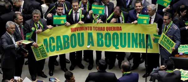 Lower house members who support the impeachment demonstrate during a session to review the request for Brazilian President Dilma Rousseff's impeachment, at the Chamber of Deputies in Brasilia, Brazil April 15, 2016 Lower house members who support the impeachment demonstrate during a session to review the request for Brazilian President Dilma Rousseff's impeachment, at the Chamber of Deputies in Brasilia, Brazil April 15, 2016 - Sputnik International