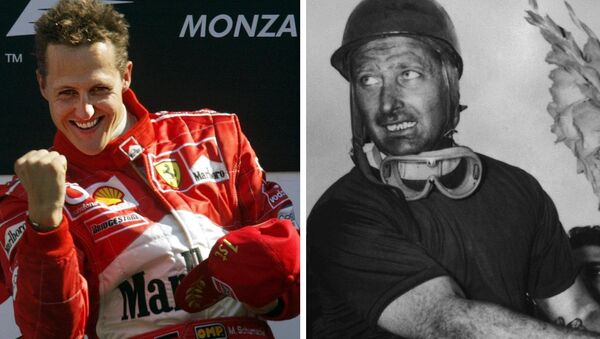 Combo of a picture of German Ferrari driver Michael Schumacher on the podium of the Monza racetrack, 14 September 2003, after winning the Italian Formula One Grand Prix (L) and a picture of Argentine Mercedes driver Juan Manuel Fangio after winning the Italian Grand Prix, 13 September 1955 in Monza and becoming World champion - Sputnik International