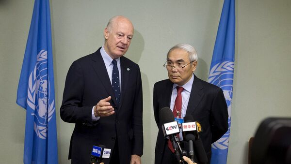 U.N. Special Envoy for Syria Staffan de Mistura (L) addresses the media with China's Special Envoy for Syria Xie Xiaoyan on the sidelines of Syrian peace talks at the United Nations in Geneva, Switzerland, April 18, 2016. - Sputnik International