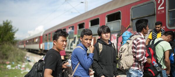 Migrants and refugees board a train, after crossing the Greek-Macedonian border, near Gevgelija on October 5, 2015. Migrants and refugees board a train, after crossing the Greek-Macedonian border, near Gevgelija on October 5, 2015. - Sputnik International