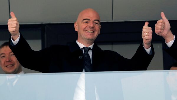 FIFA President Gianni Infantino gestures during a visit to the Luzhniki Stadium, which is under construction for the 2018 World Cup, in Moscow, Russia, April 19, 2016. - Sputnik International