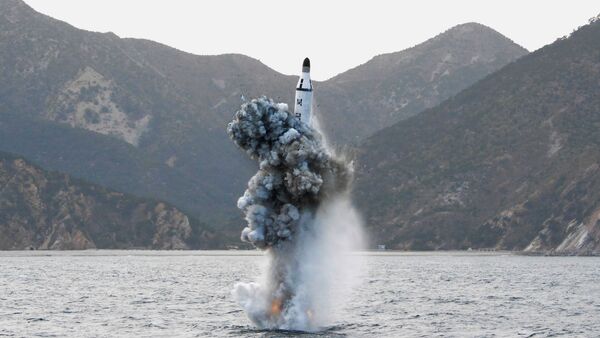 North Korean leader Kim Jong Un guides on the spot the underwater test-fire of strategic submarine ballistic missile in this undated photo released by North Korea's Korean Central News Agency (KCNA) in Pyongyang on April 24, 2016 - Sputnik International