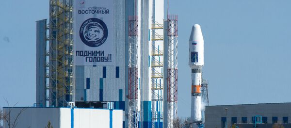 A Souyuz 2.1a space carrier with Russian satellites Lomonosov, Aist-2D and a SamSat-216 nano satellite sits on the launch pad at Vostochny cosmodrome. A Souyuz 2.1a space carrier with Russian satellites Lomonosov, Aist-2D and a SamSat-216 nano satellite sits on the launch pad at Vostochny cosmodrome. - Sputnik International