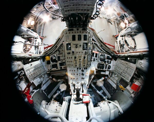 A fish-eye lens was used to photograph this Gemini flight article's forward displays and controls. The first piloted Gemini flight, Gemini 3, went into orbit in March 1965 - Sputnik International