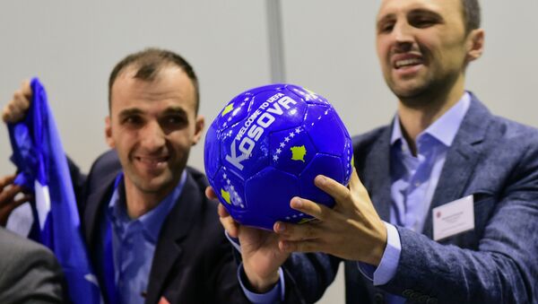 Delegation members of Kosovo celebrate their UEFA membership admission after the 40th Ordinary UEFA Congress at the Hungexpo Fair Center in Budapest, Hungary, on May 3, 2016 - Sputnik International