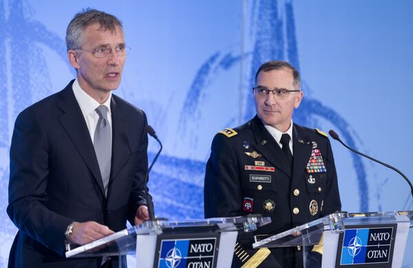 NATO Secretary General Jens Stoltenberg (L) and General Curtis Mike Scaparrotti, the new top commander, give a joint press conference on May 4, 2016, during the change of command ceremony for NATO’s Supreme Allied Commander Europe (SACEUR) at Supreme Headquarters Allied Powers Europe (SHAPE), in Mons. NATO Secretary General Jens Stoltenberg (L) and General Curtis Mike Scaparrotti, the new top commander, give a joint press conference on May 4, 2016, during the change of command ceremony for NATO’s Supreme Allied Commander Europe (SACEUR) at Supreme Headquarters Allied Powers Europe (SHAPE), in Mons. - Sputnik International