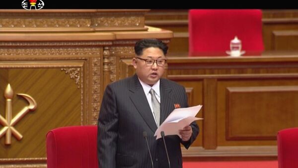 North Korean leader Kim Jong Un addresses the congress in Pyongyang, North Korea, Friday May 6, 2016. - Sputnik International