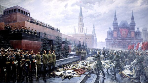 Socialist realist painting of the ceremony throwing Nazi German banners before the Soviet leadership on Red Square. - Sputnik International