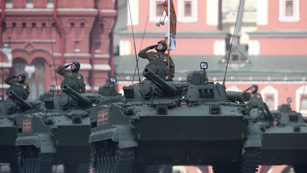 Troops ride BMP-3 infantry fighting vehicles on Red Square, Moscow during the final practice of the military parade marking the 71st anniversary of the victory in the Great Patriotic War - Sputnik International