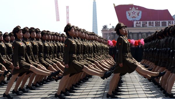 North Korean female soldiers march during a military parade to mark 100 years since the birth of the country's founder Kim Il-Sung in Pyongyang on April 15, 2012 - Sputnik International