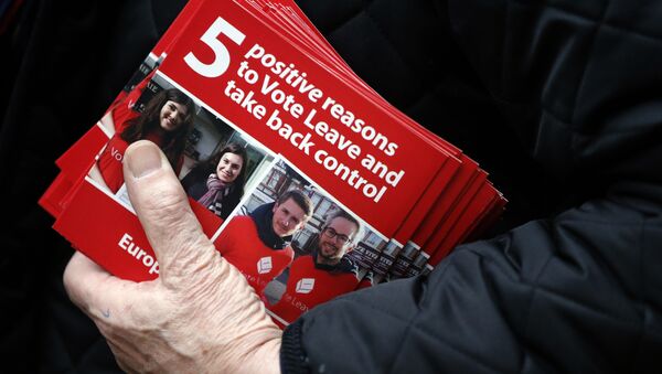 A Pro-Brexit campaigner hands out leaflets at Liverpool Street station in London, Wednesday, March 23, 2016 - Sputnik International