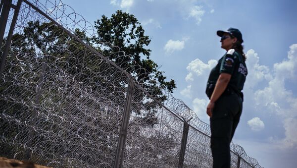 A border police officer stands next to a barbed wire wall on the Bulgarian border with Turkey, near the village of Golyam Dervent - Sputnik International