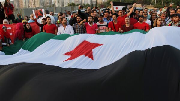 Syrian protesters hold a giant Syrian opposition flag (File) - Sputnik International