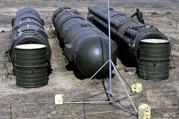 A bundle of three Soviet RSD-10 missiles prepared for demolition at the Kapustin Yar launch site. The missiles were destroyed in accordance with the INF Treaty. A bundle of three Soviet RSD-10 missiles prepared for demolition at the Kapustin Yar launch site. The missiles were destroyed in accordance with the INF Treaty. - Sputnik International