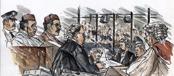 William Taylor (C), the lawyer of Libyan suspect Abdel Basset al-Megrahi (3rdL), flanked by suspect Lamen Khalifa Fhimah (2ndL), delivers his closing argument for the defence to the court presided by Lord Sutherland (R) at Camp Zeist, Netherlands, 11 January 2001. William Taylor (C), the lawyer of Libyan suspect Abdel Basset al-Megrahi (3rdL), flanked by suspect Lamen Khalifa Fhimah (2ndL), delivers his closing argument for the defence to the court presided by Lord Sutherland (R) at Camp Zeist, Netherlands, 11 January 2001. - Sputnik International