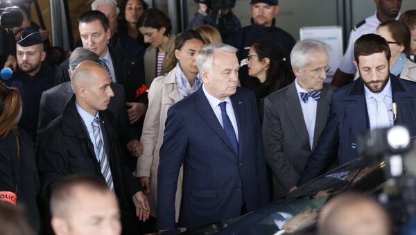 French Foreign minister Jean-Marc Ayrault (C) arrives at a hotel where relatives of passengers of missing MS804 Egyptair flight are gathered next to Roissy-Charles De Gaulle airport in Roissy-en-France near Paris on May 19, 2016 - Sputnik International