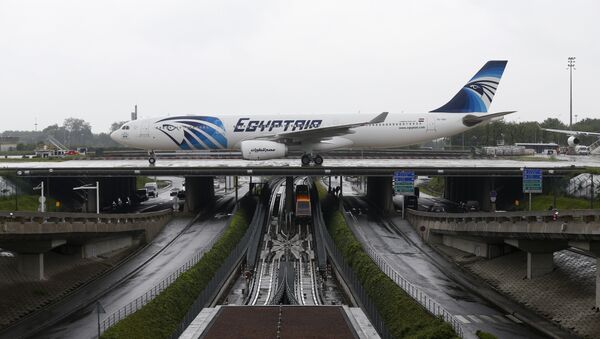 This picture taken on May 19, 2016, shows an Egyptair Airbus A330 from Cairo taxiing at the Roissy-Charles De Gaulle airport near Paris after its landing a few hours after the MS804 Egyptair flight crashed into the Mediterranean - Sputnik International
