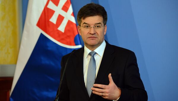 Slovakian Foreign Minister Miroslav Lajcak attends a joint press conference with Hungary's Minister of External Economy and Foreign Affairs Peter Szijjartoin (unseen), in Budapest, Hungary, on February 25, 2016 - Sputnik International