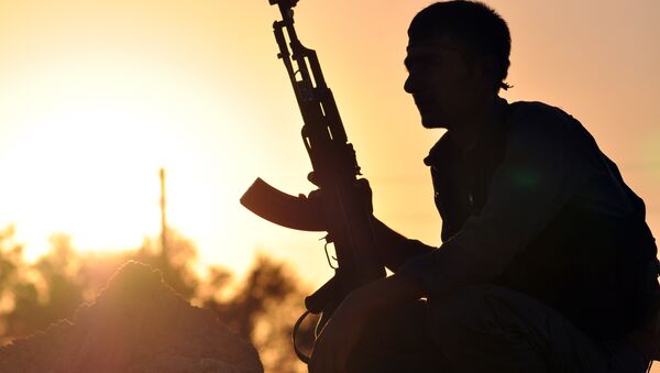 A fighter from the Kurdish People Protection Unit (YPG) poses for a photo at sunset in the Syrian town of Ain Issi, some 50 kilometres north of Raqqa, the self-proclaimed capital of the Islamic State (IS) group during clashes between IS group jihadists and YPG fighters on July 10, 2015 - Sputnik International