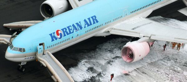 An aerial picture shows fire fighters spraying foam at the engine of a Korean Air Lines plane after smoke rose from it at Haneda airport in Tokyo, Japan, May 27, 2016 An aerial picture shows fire fighters spraying foam at the engine of a Korean Air Lines plane after smoke rose from it at Haneda airport in Tokyo, Japan, May 27, 2016 - Sputnik International