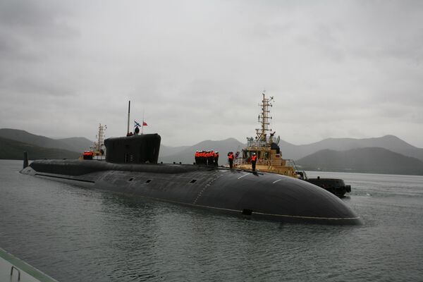 Crew of the Alexander Nevsky nuclear submarine topside at a welcome ceremony for the Navy's new Borei-class project 955 vessel at Kamchatka's Vilyuchinsk base. Crew of the Alexander Nevsky nuclear submarine topside at a welcome ceremony for the Navy's new Borei-class project 955 vessel at Kamchatka's Vilyuchinsk base. - Sputnik International