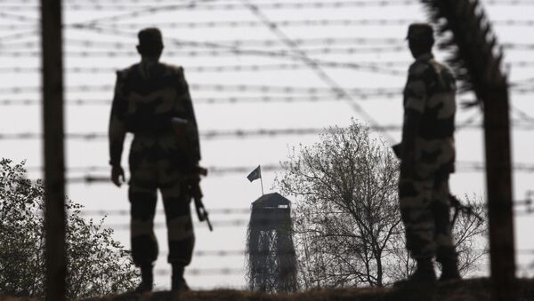 Border Security Force or BSF soldiers patrol an area where a 30-meter (98-foot) long tunnel was found as a Pakistani Rangers outpost is seen in the background at R.S. (File) - Sputnik International