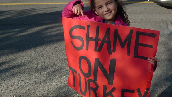 A child demonstrator holding the 'Shame on Turkey' sign. - Sputnik International